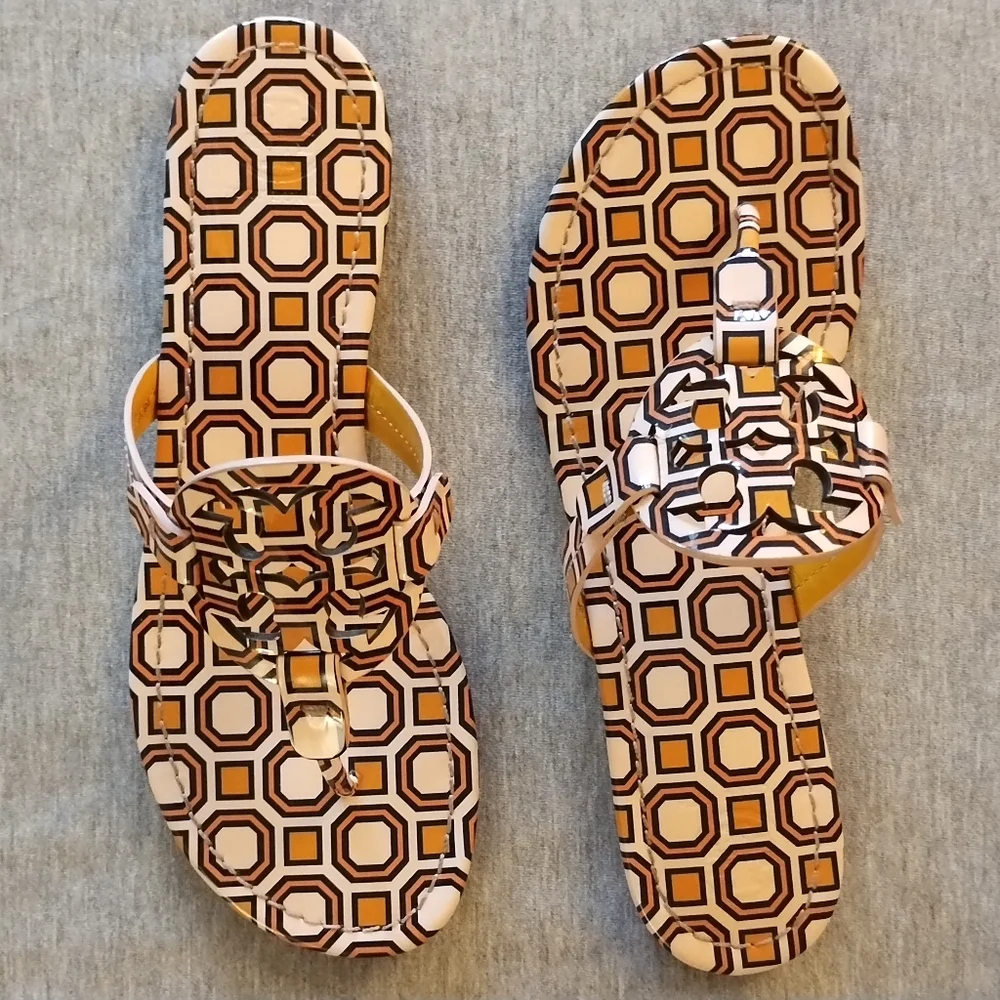 Tory Burch Miller Printed Patent Leather Sandals Ballet Pink Octagon Square Sz 8 - Picture 4 of 16